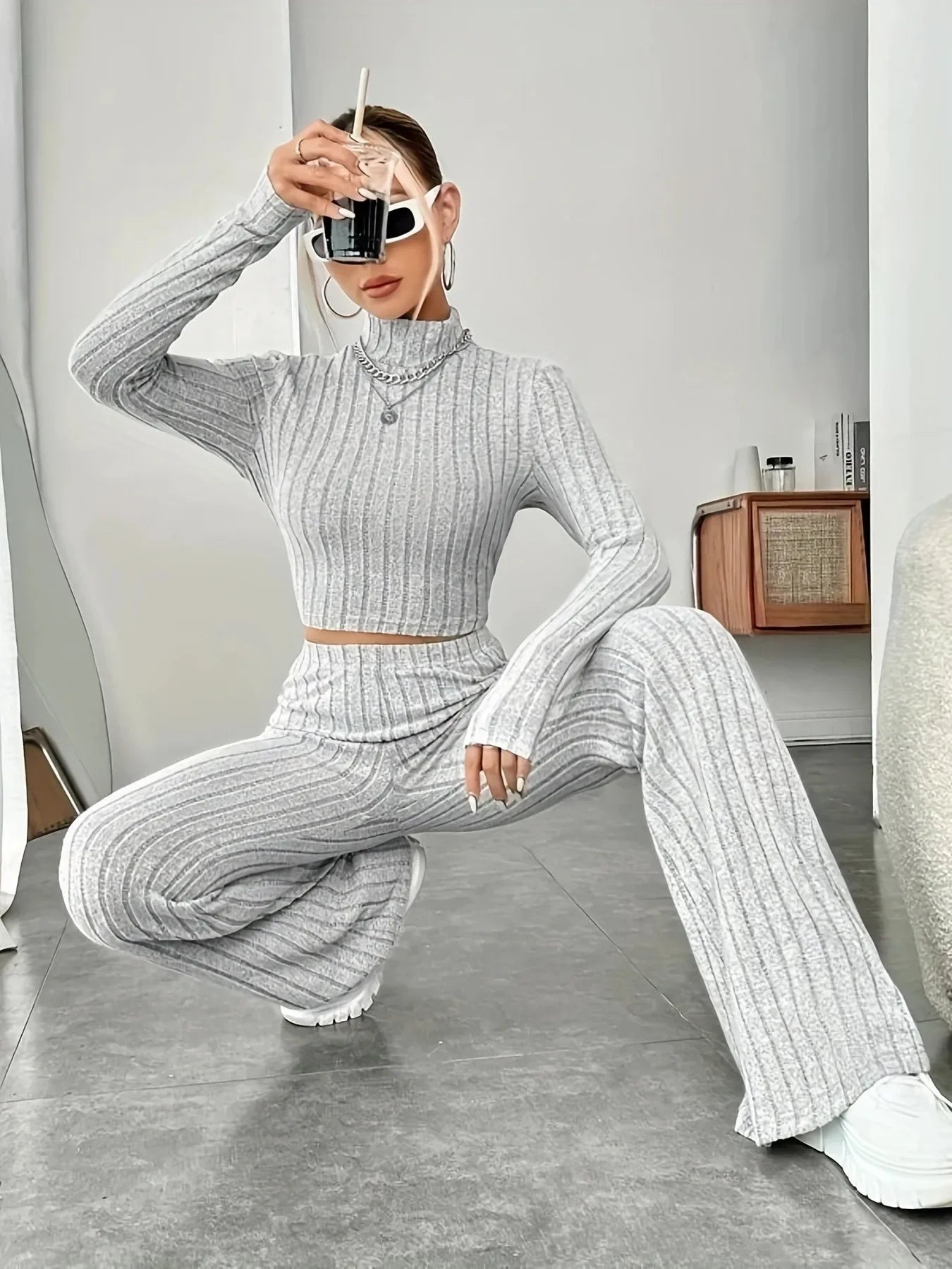 Elegant Women's Sets 2024 Autumn Hight Waist Casual Knit Pants Sets Korean Fashion Turtleneck Pullover 2 Piece Sets Women Outfit - Seprincess