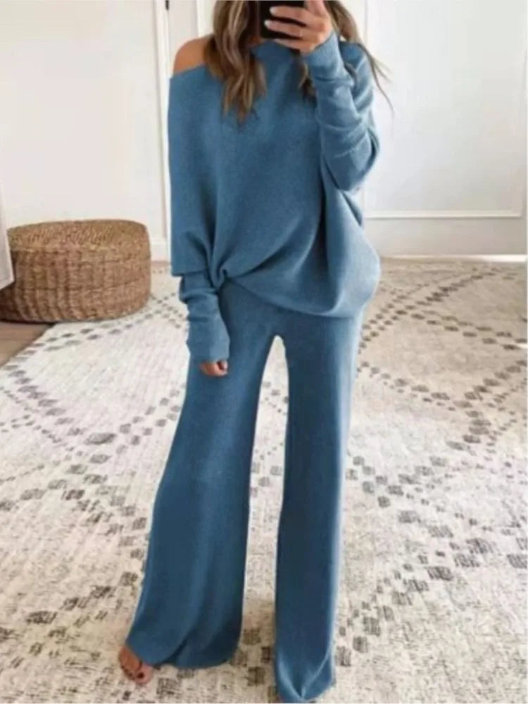 Fashion Long-sleeved Bateau Collar Top + Wide-leg Pants 2-piece Set Women Elegant Autumn Solid Color Knitted Loose Suit Female - Seprincess