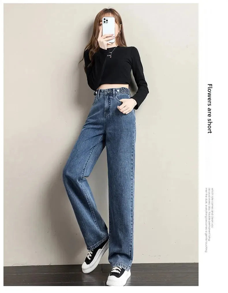 Multi-Button Wide-Leg Women's Jeans New Style Adjustable High-Waisted Straight-Leg Long Pants Loose Fit Niche Style