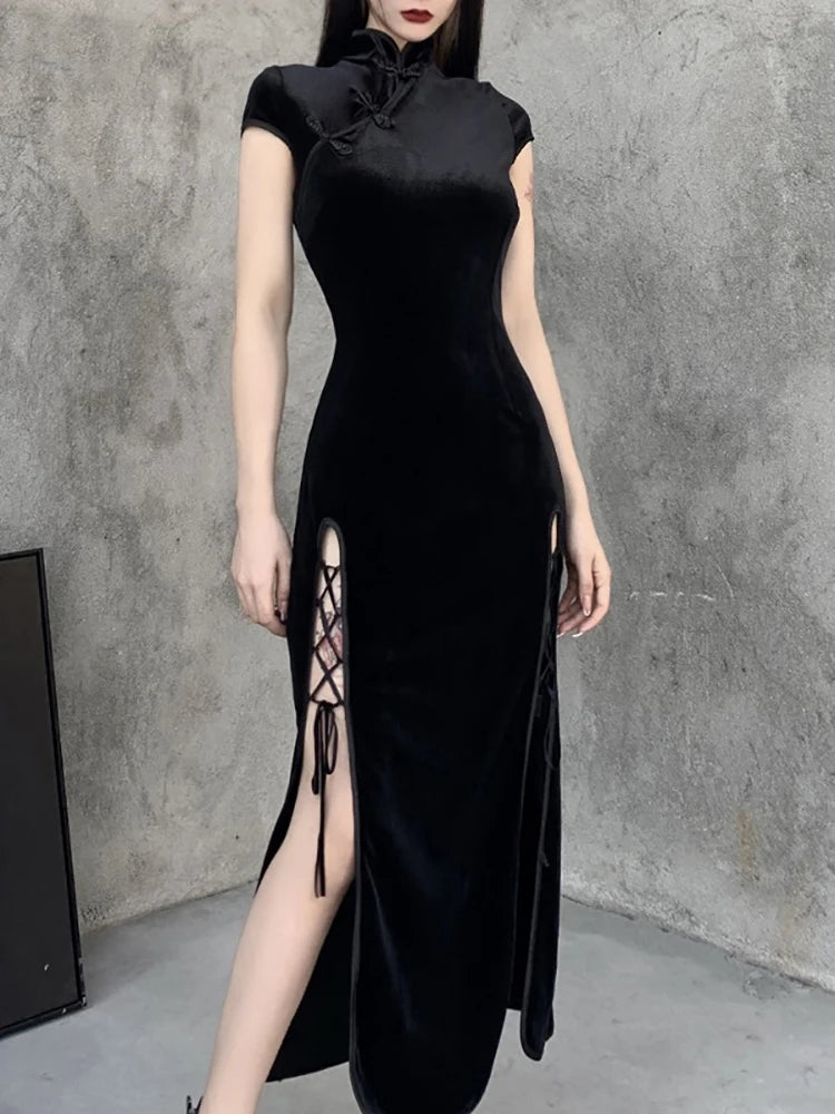 Goth Dark Romantic Gothic Velvet Aesthetic Dresses Vintage Women Black Bandage SlitHem Bodycon Dress Sexy Evening Wear Cheongsam - Seprincess