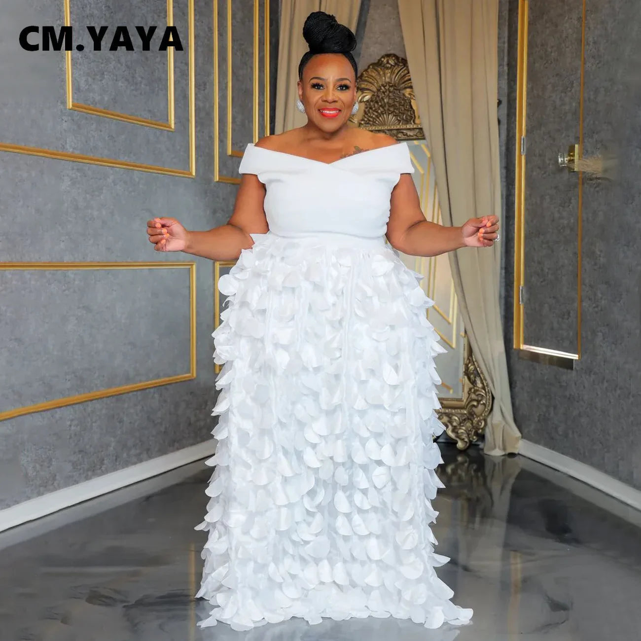 CM.YAYA Plus Size Women Short Sleeve Slash Neck Big Swing Loose Smock Maxi Dress 2024 Fall Party Evening Long Dresses - Seprincess