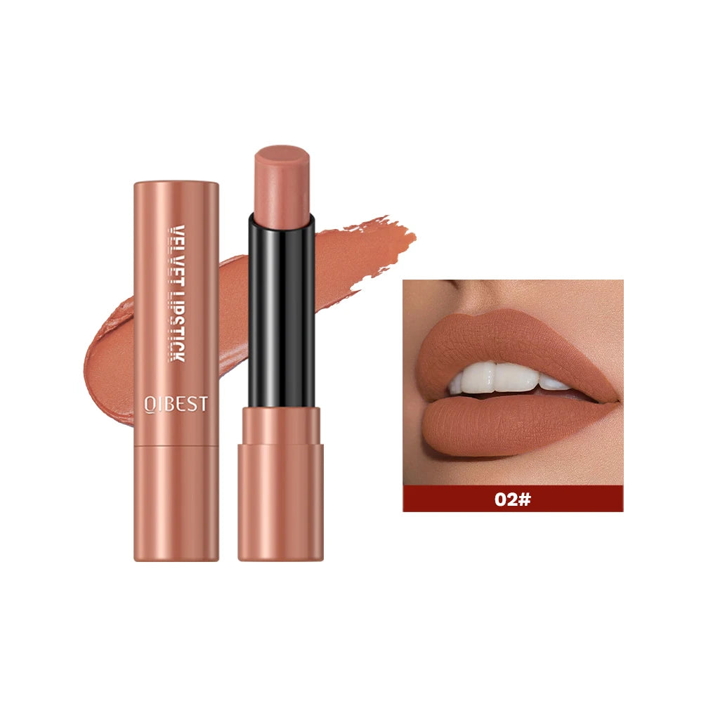 QIBEST Nude Lipstick Matte Lip Gloss High Pigment Makeup Classic Sexy Lipgloss Non-Stick Cup Long Lasting Red Lip Tint Cosmetics