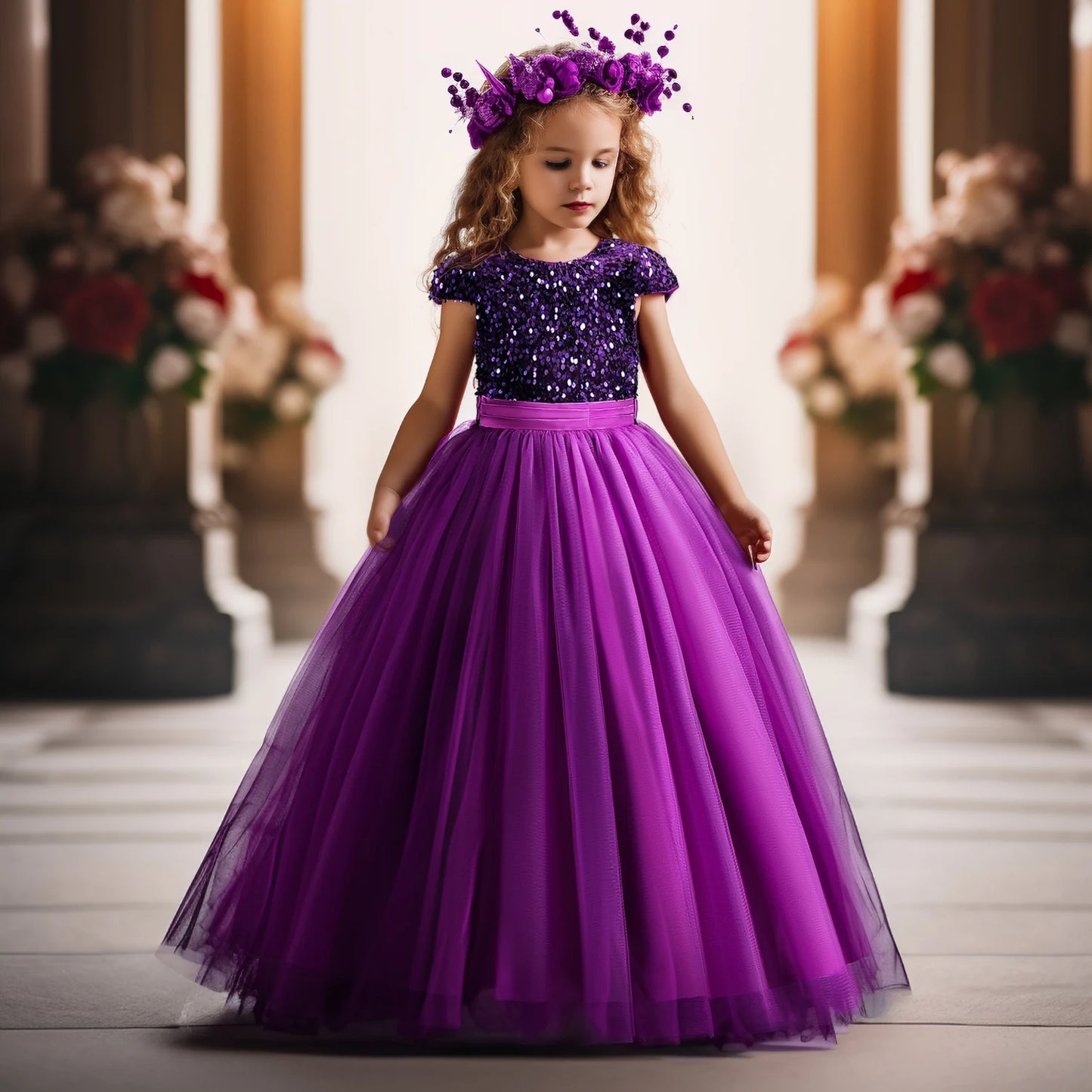 Sparkly Sequins Short Sleeves Flower Girl Dresses Tulle Kids Birthday Party Pageant Prom Gown Teen Girls Bridesmaid Dresses - Seprincess