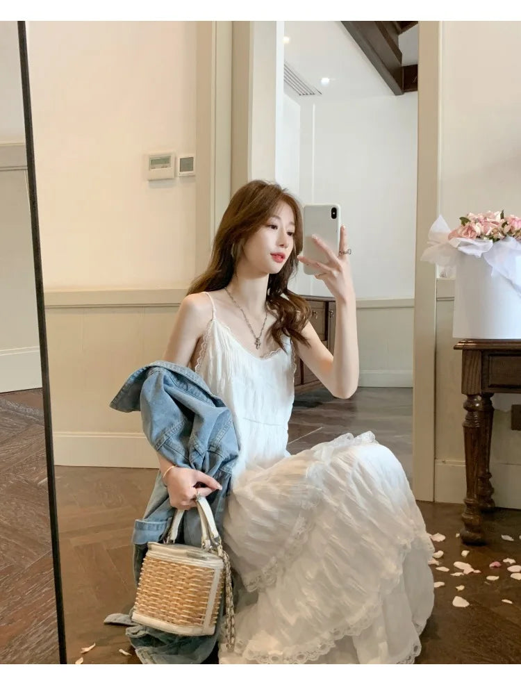 Summer Befree Long Vintage Casual Ruffles Elegant Maxi Strap Camis Silky Beach Lace Elegant Party Dress Vestidos Sexy Women - Seprincess