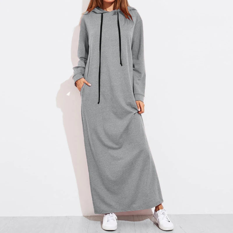 Celmia 2024 Autumn Women Hooded Maxi Dress Casual Solid Long Sleeve Pockets Party Hoodies Dress Long Vestido Robe Drawstring - Seprincess