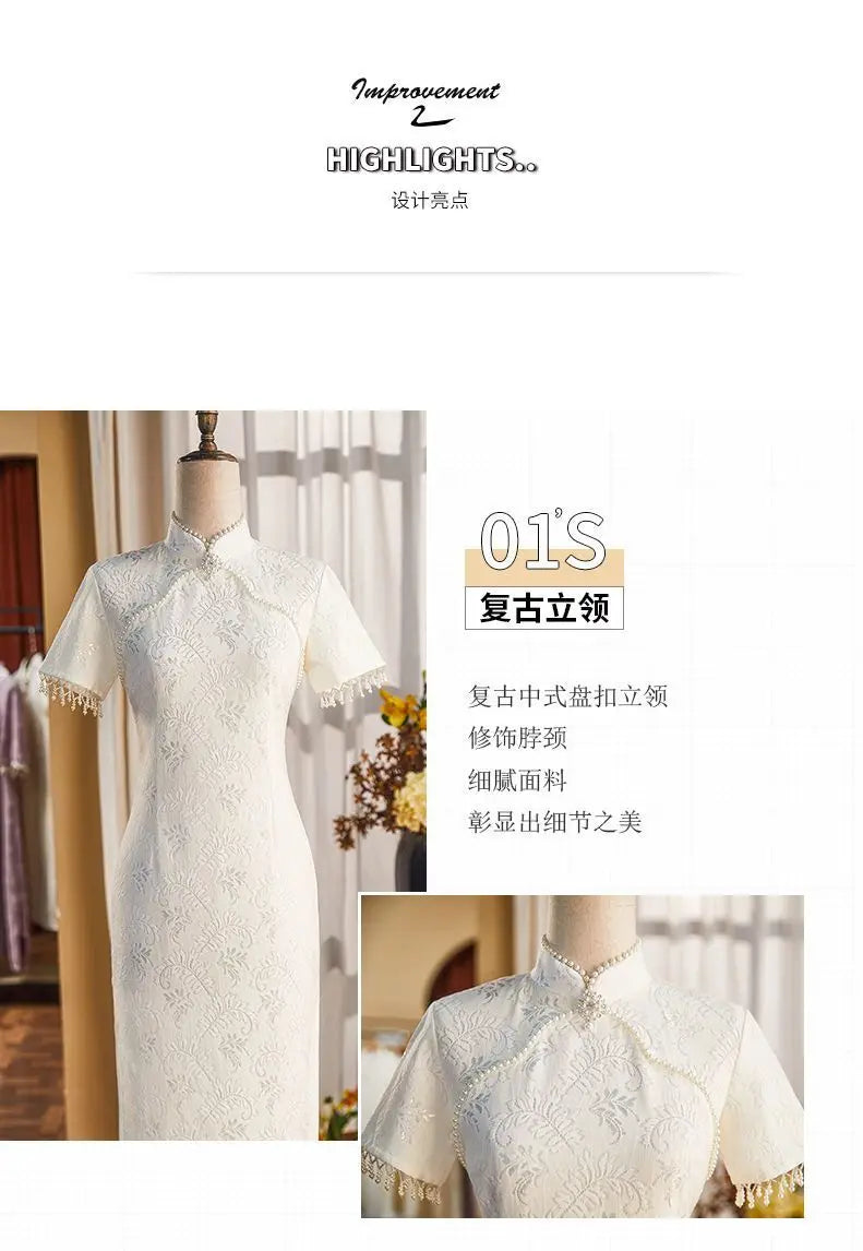 Summer Beige Women Cheongsam Dress Vintage Floral Tassels Beads Sleeve Dresses Slim Chinese Style Costume Qipao S To XXL - Seprincess