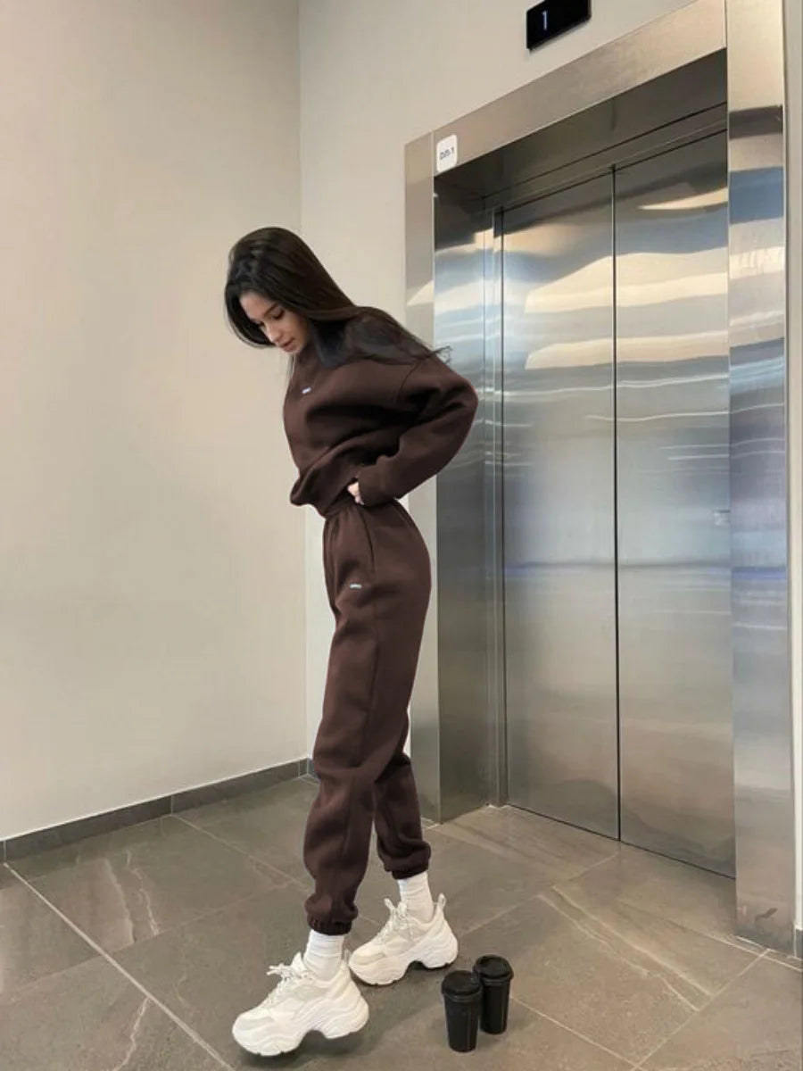 Autumn And Winter New Casual Sports Women's Suit Fashion Solid Color Simple Warm Pants Hoodie Female 2 Piece Set 2024