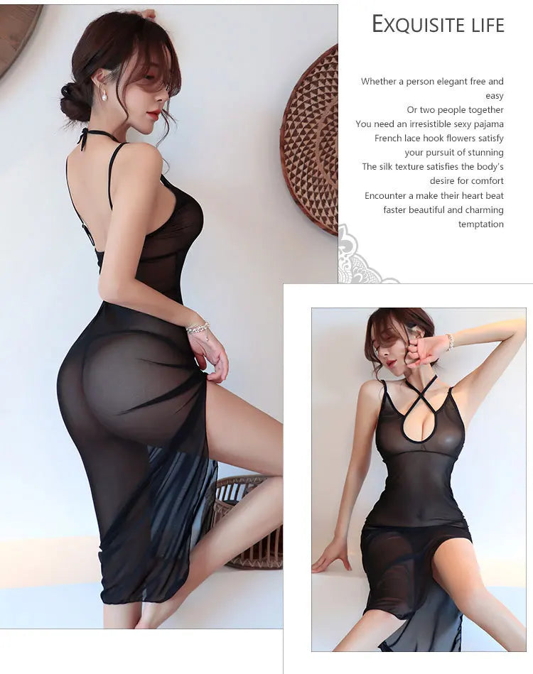 Dress Strap see through mesh long skirt Sexy costume open crotch Party dresses women dresses Autumn dress - Seprincess