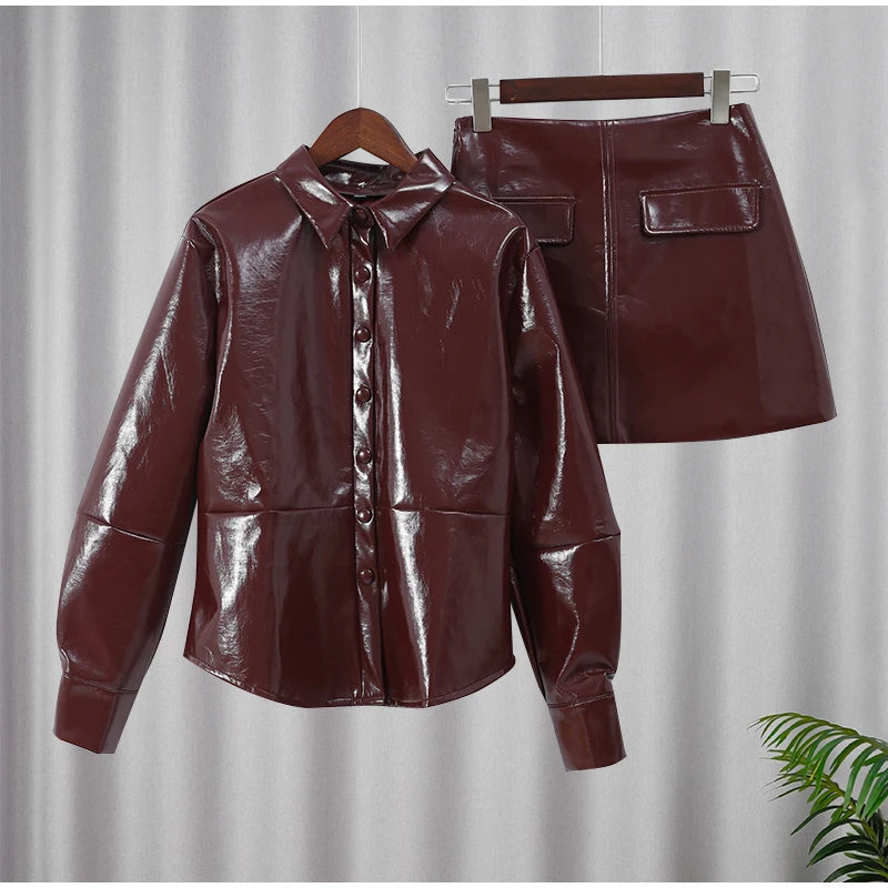 2024 Chic Burgundy Pu Leather Women's Mini Skirt Set Retro Slim Fit Lapel Single-breasted Jacket Suit Female High Street Outfits - Seprincess