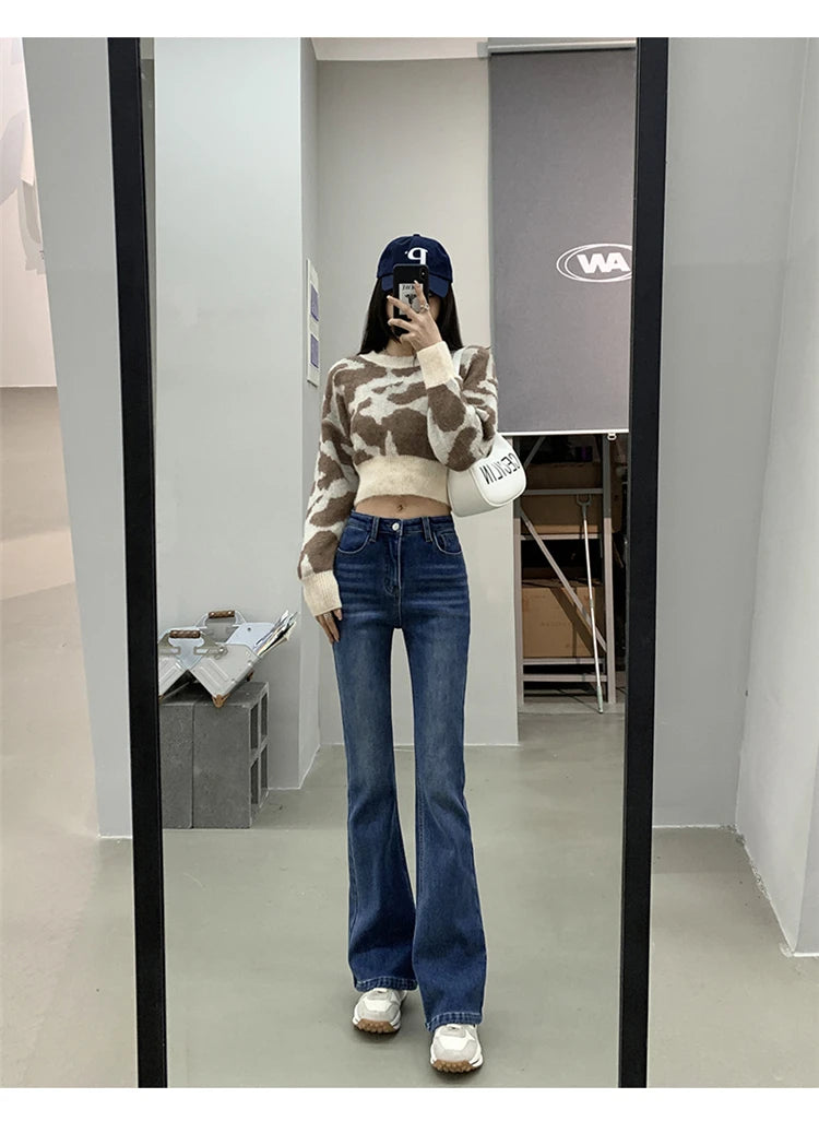 Winter Warm Women's Jeans Fashion Slim Thicken Fleece Flared Pants High Waist Elastic Skinny Velvet Plus Length Female Jeans