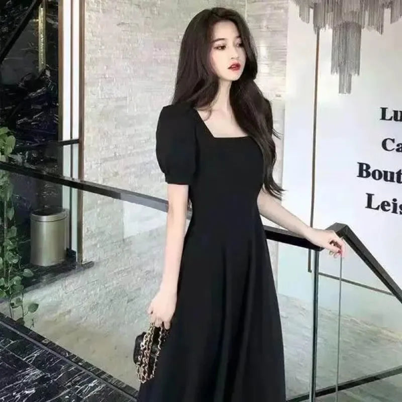 Slim Fit Women White Dress Bubble Sleeve Square Neck Light Wind Style Long Skirt Summer Casual Korean Style - Seprincess