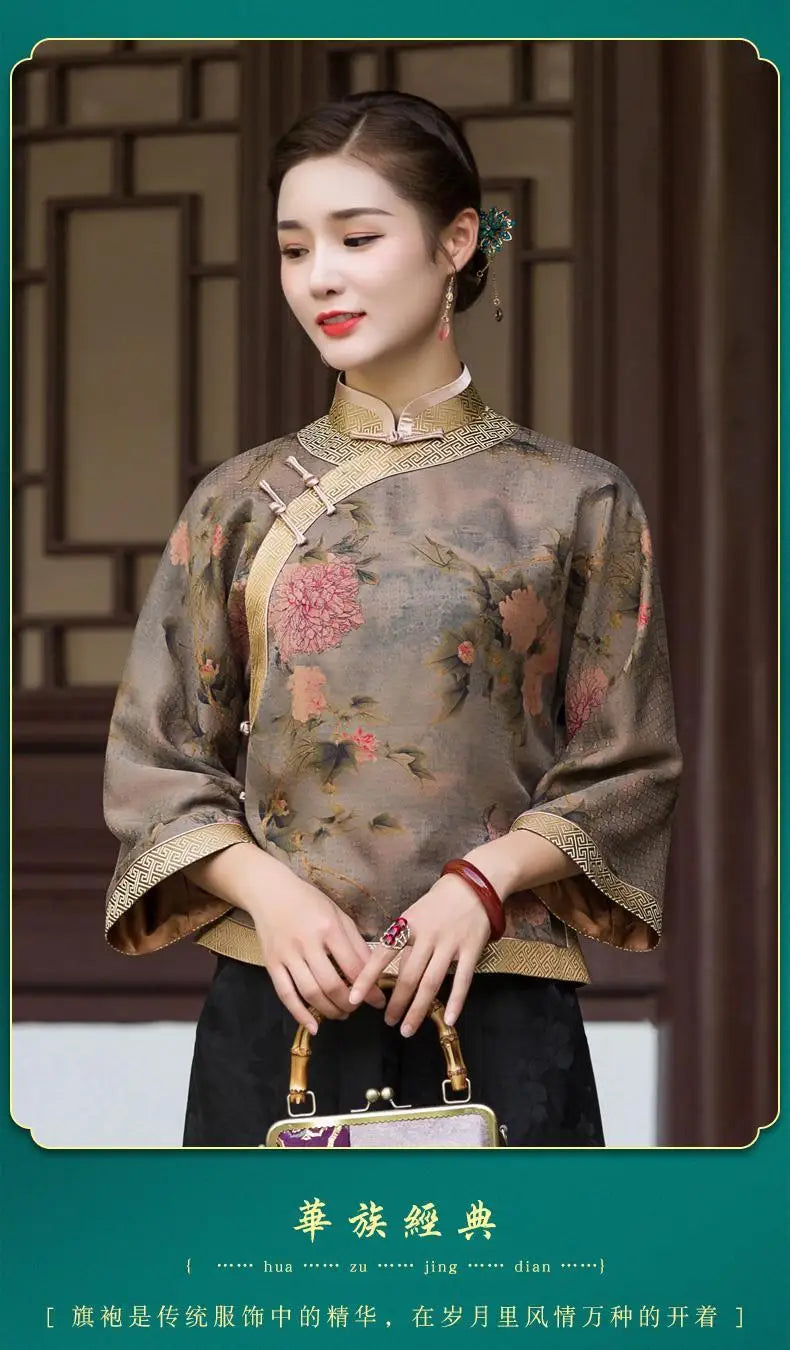 Cheongsam Women's Plus Size Tops 2024 Autumn Fashion Satin Fabric Prints Splicing Stand Collar Chinese Style Qipao Shirts Woman - Seprincess