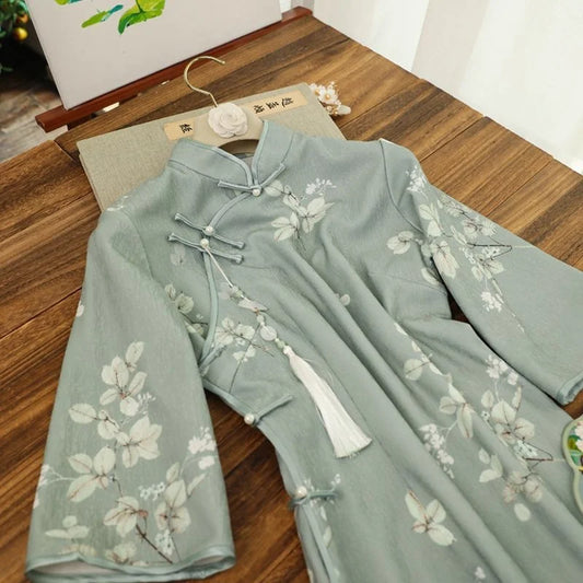 Inverted Sleeves Daily Green Flower Slim Qipao Women's Autumn Improved Modern Vintage Chinese-traditional-dress Cheongsam New - Seprincess