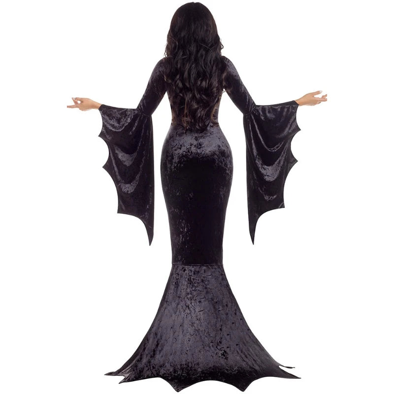 Halloween Cosplay Gothic Witch Ghost Bride Vampire Costume Winter Trumpet Sleeves Evil Witch Dress Adams Family Fishtail Dress - Seprincess