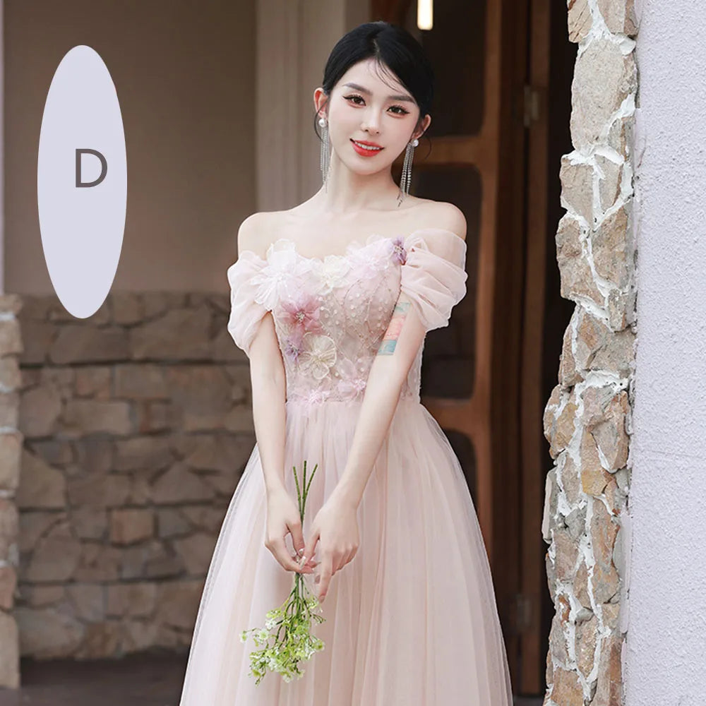 4 Styles Pink Bridesmaid Dress Women's Elegant Thin Tulle Off The Shoulder Flower Appliques A-line Wedding Party Guest Vestido - Seprincess