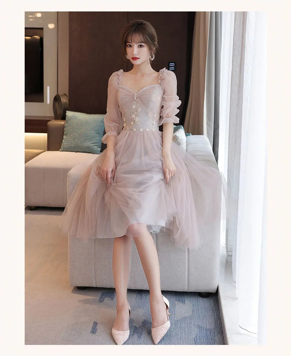 4 Styles Elegant Simple Bridesmaid Dress Women's Tulle Half Sleeves Slim Fit Design A-Line Dress Applique Wedding Party Vestido