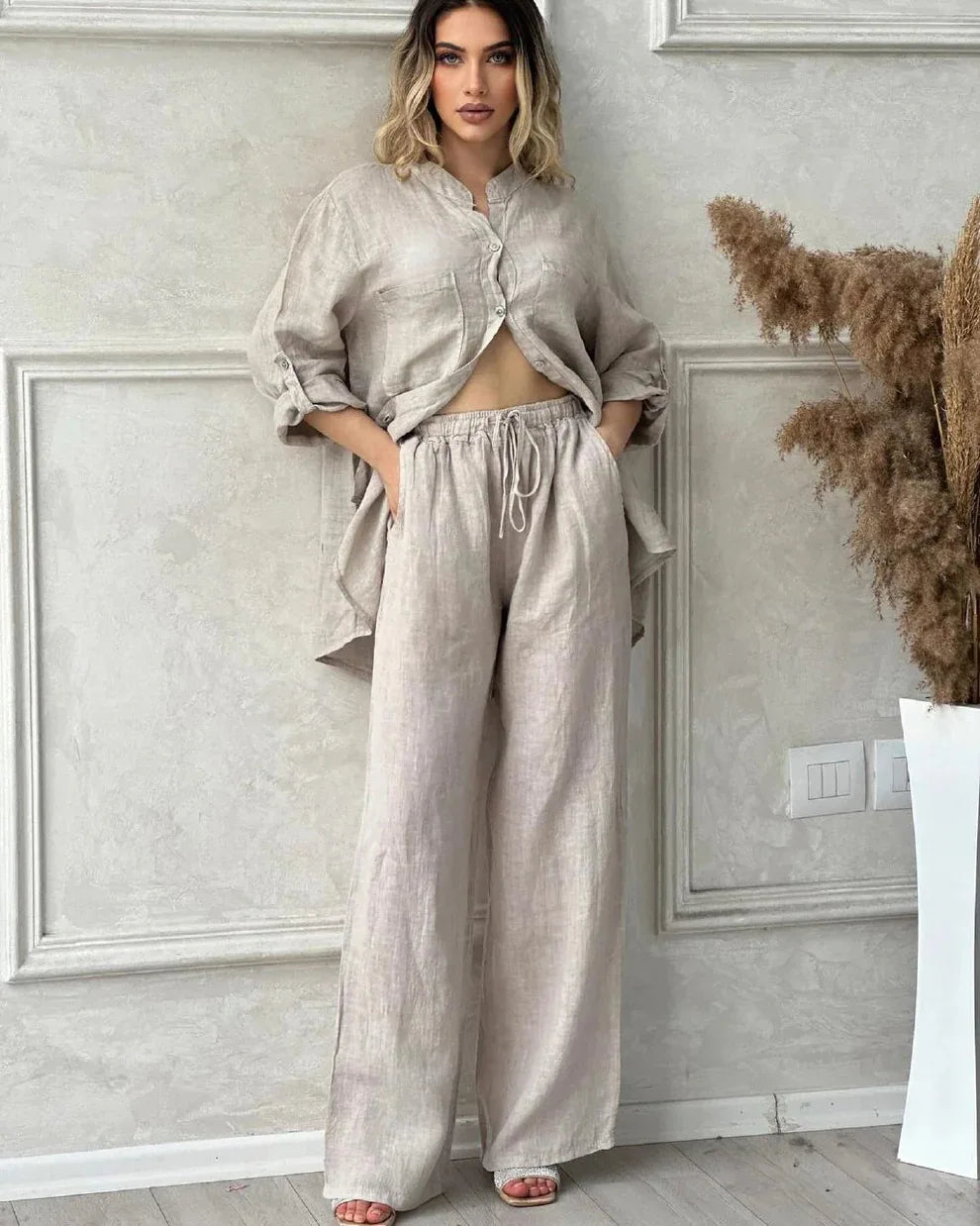 Spring Autumn Two Piece Sets 2024 Women Casual Long Sleeve Pocket Shirts 2 Piece Set Fashion Loose Wide Leg Pants Suit Outfites - Seprincess