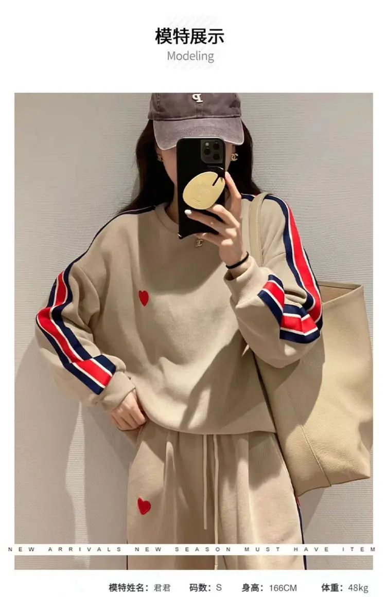 Autumn Cute Love Embroidery Pant Sets Two Pieces Tracksuits Khaki Side Striped Sweatshirt Women Girls Loose Sporty Korean Style - Seprincess