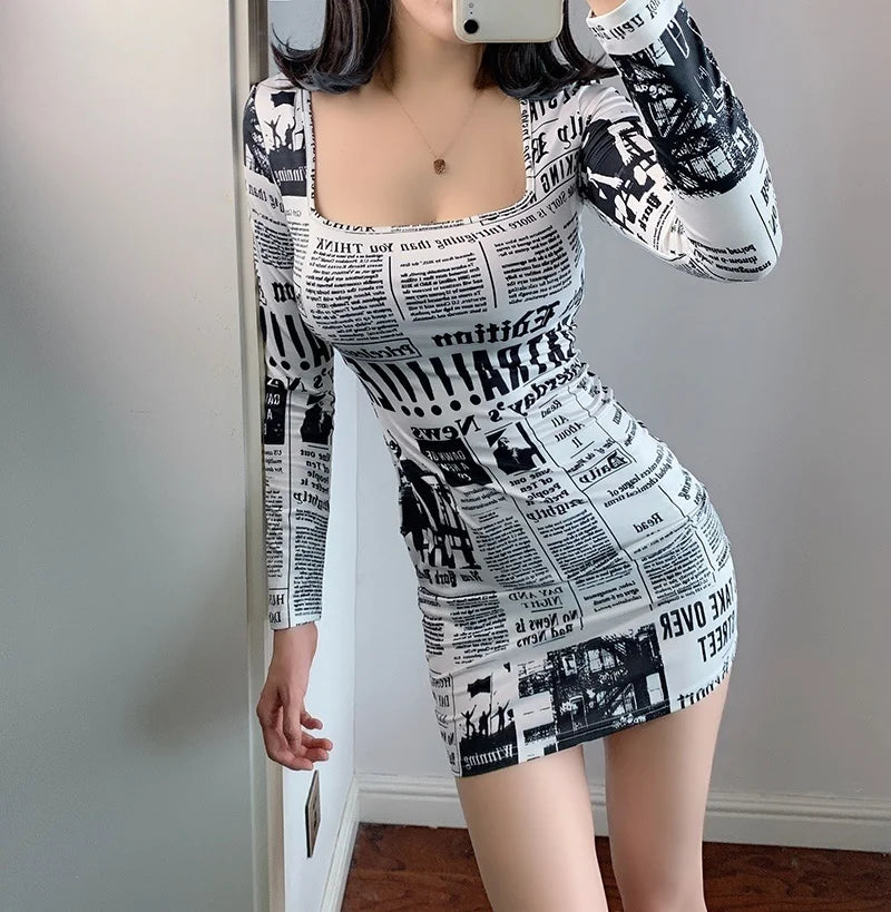 Hot-selling Printed Europe Newspaper Sexy Mini Dress 2020 Autumn New Fashion Street Shooting Slim Girl Female Square Collar ZW0 - Seprincess