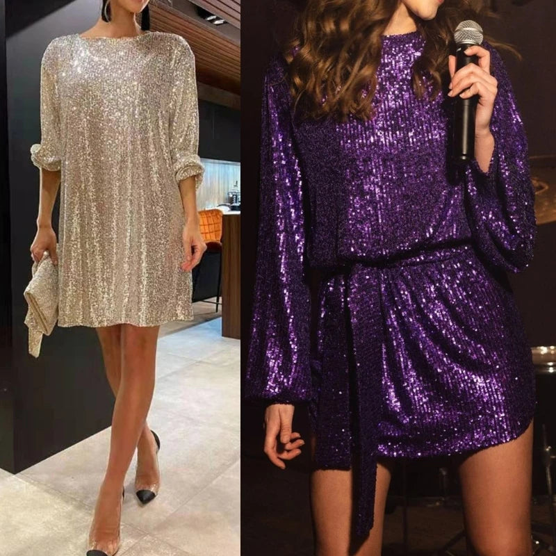 Womens Puff Long Sleeve Glitter Sequin Dress with Belt Evening Wedding Bridesmaid Sparkly Loose Fit Mini Short Dresses - Seprincess