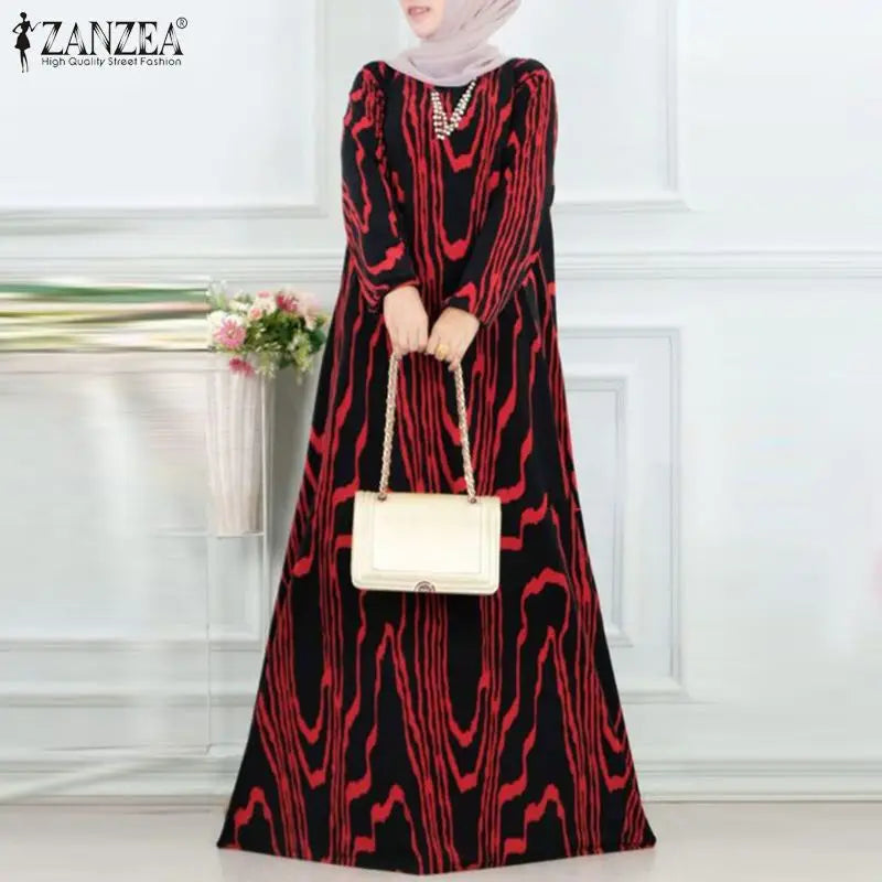 ZANZEA Muslim Women's Dress Elegant Printing Long Sleeve O-Neck Party Long Dresses Casual Islamic Turkey Abaya Hijab Kaftan Robe - Seprincess