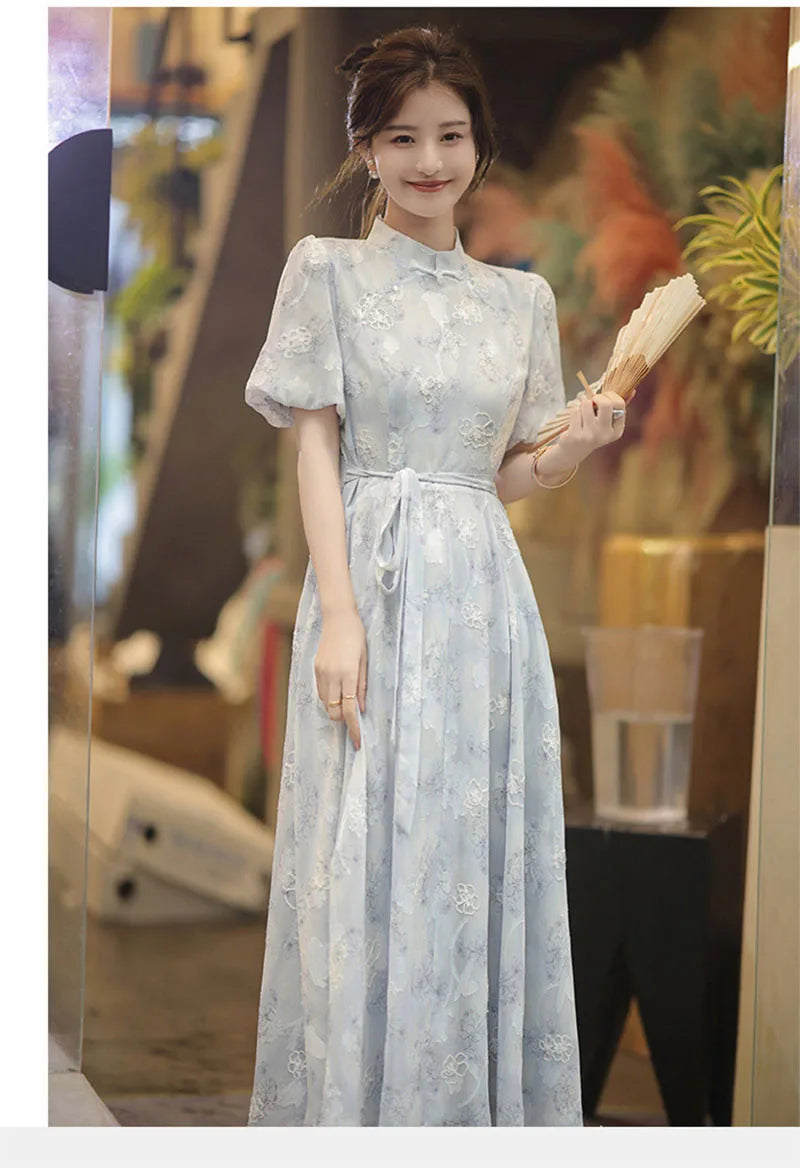 High Quality 2023 New Women Cheongsam Dress Embroidery Slim Elegant Long Qipao Chinese Style Wedding Dress Fashion Blue - Seprincess