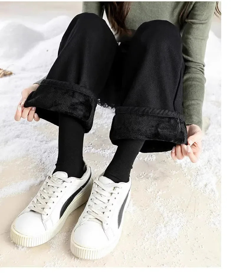 Thickened Fleece-Lined Warm Straight-Leg Jeans Design Adjustable High-Waisted Slimming Bell Bottoms Winter New Arrival