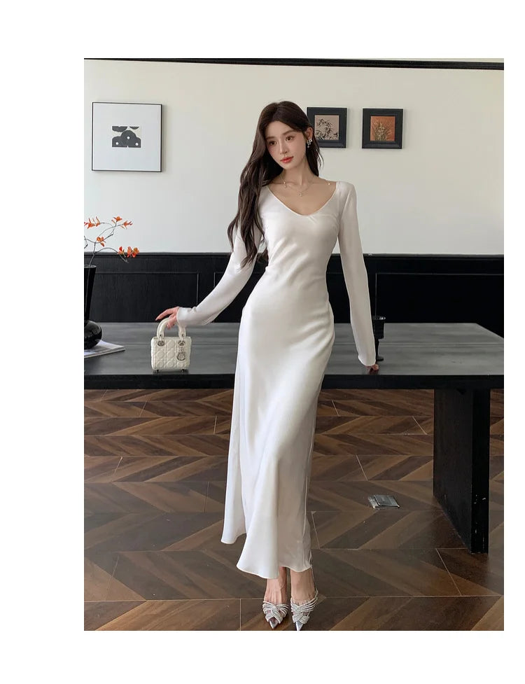 Autumn Solid Satin Long Dresses Women Wedding Evening Party Dress with Camisole Prom Robe V-Neck Long Sleeves Mermaid Vestidos - Seprincess