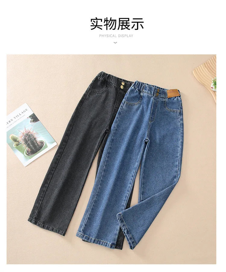 Teenage Jeans for Girls 2024 Spring Summer Casual All-match Loose Kids Leg Wide Pants School Children Trousers 4-16 Years