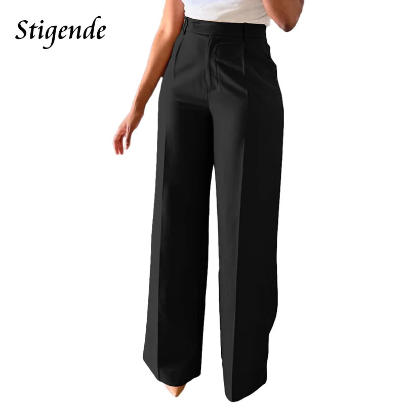 Stigende Wide Leg Straight Dress Pants with Pocket Women Plain Color Business Casual Pants Loose Fit Midi Waist Office Trousers