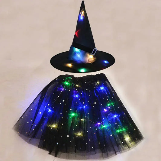 Women Kids Girl Luminous LED Glow Light Up Elf Witch Hat Star Skirt Spider Web Tutu Wizard Costume Party Gift Halloween Festival - Seprincess