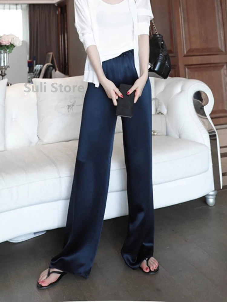 Acetate Satin Wide-Leg Pants for Women 2022 Summer New High Waist Drooping Mop Trousers Baggy Straight Trousers Tide