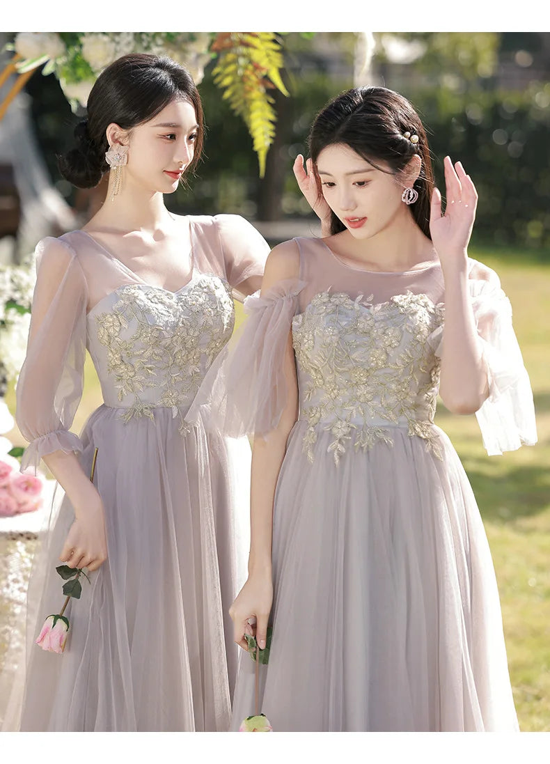 Temperament Grey Bridesmaid Dress Long Wedding Sisters Group Gown Elegant Applique Tulle Off Shoulder Banquet Party Vestido