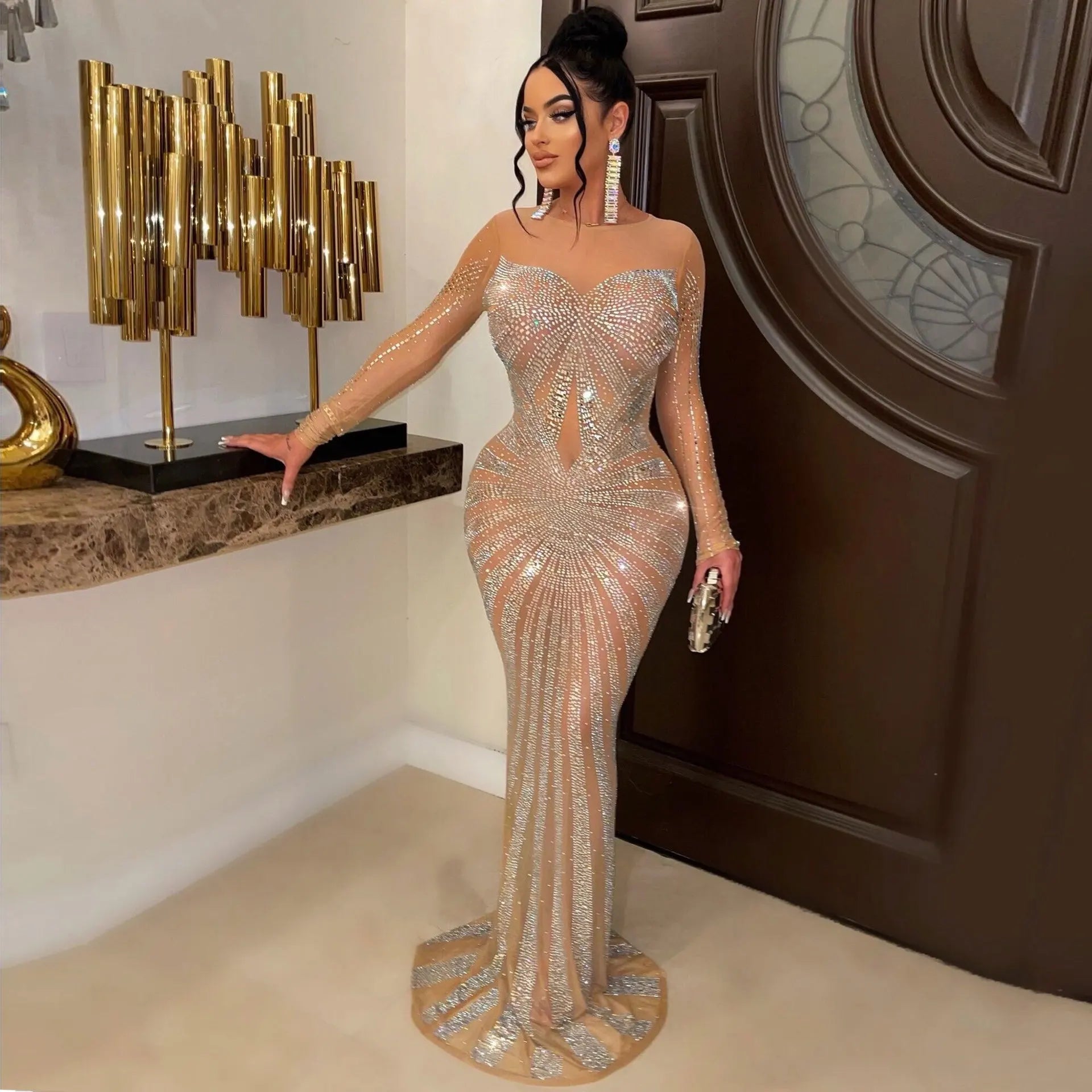 Sexy Rhinestone Crystal Mesh See Through Maxi Dress New Women Long Sleeve Birthday Night Clubwear Long Dress Wedding Party Dress - Seprincess