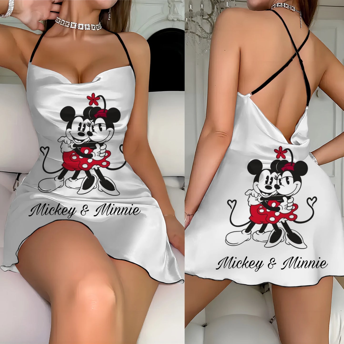 Backless Dress Mickey Elegant Dresses for Women Disney Lettuce Trim Crew Neck Minnie Mouse Fashion Summer 2024 Neck Slip Dress - Seprincess