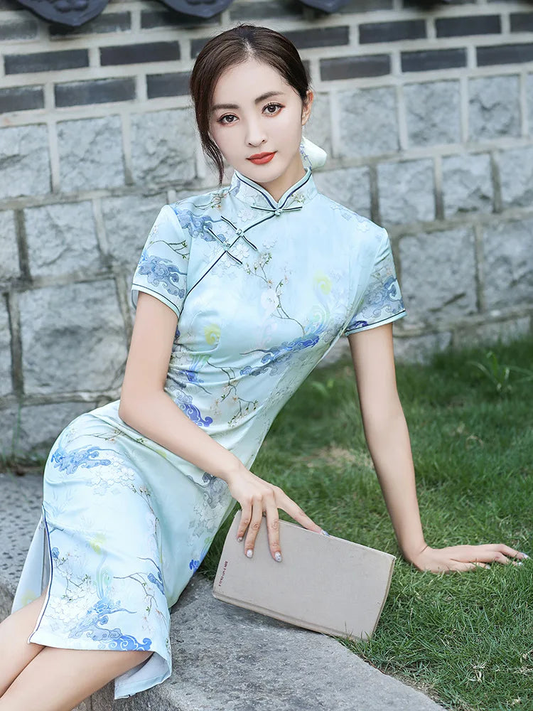 Elegant Print Female Qipao Traditional Classic Chinese Dress Asian Clothing Sexy Slim Short Cheongsam Mandarin Collar Vestidos - Seprincess