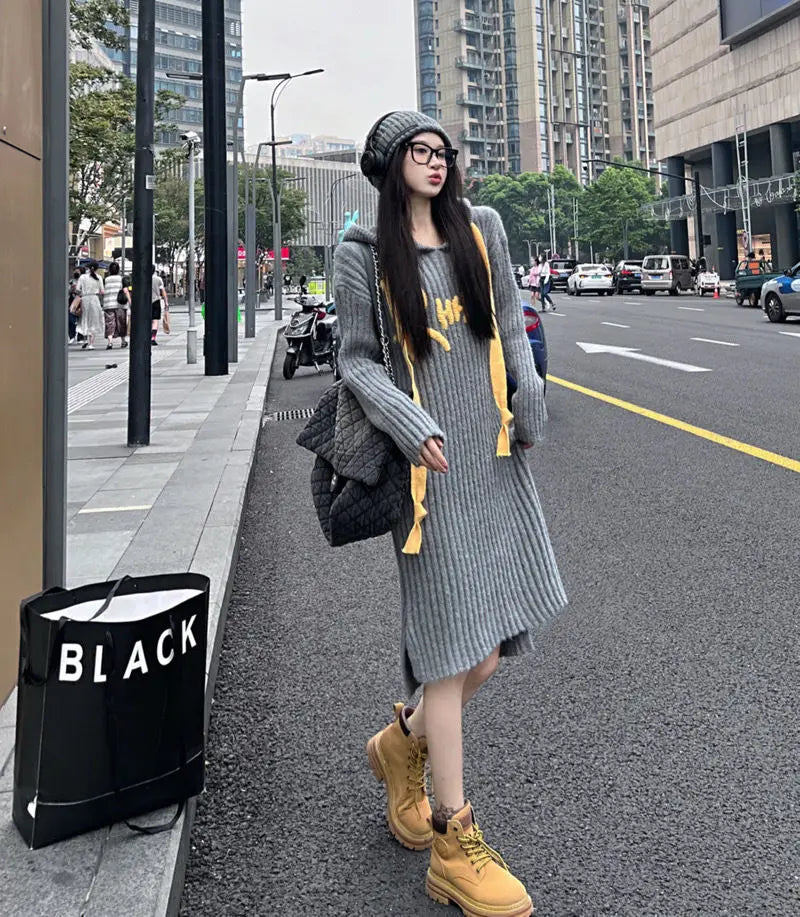 Autumn Winter Casual Dress for Women Long Sleeve O Neck Ruffles Hem Knitted Dresses Fashion Loose Elegant Streetwear - Seprincess