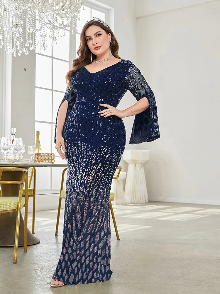 XUIBOL Plus Size Elegant Sequin Blue Evening Dress 2024 Women Formal Maxi Prom Long Sleeves Party Dress Luxury Cocktail Dress - Seprincess