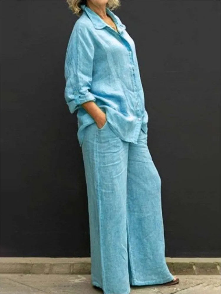 Solid Cotton Linen Shirt Pants Suits Elegant 2 Piece Set For Women Spring Autumn Long Sleeve Top Wide Leg Casual Outfits Femme - Seprincess