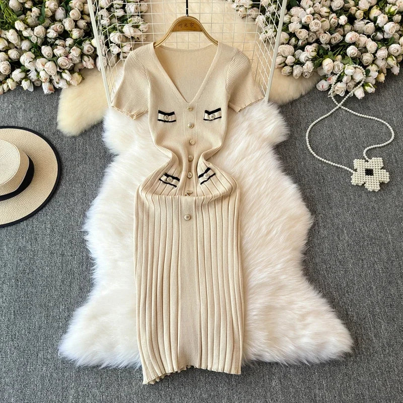 Elegant Knitted Long Dress Women Summer V Neck Single Breatsed Short Sleelve Bodycon Dresses Fashion Party Office Lady Vestidos - Seprincess