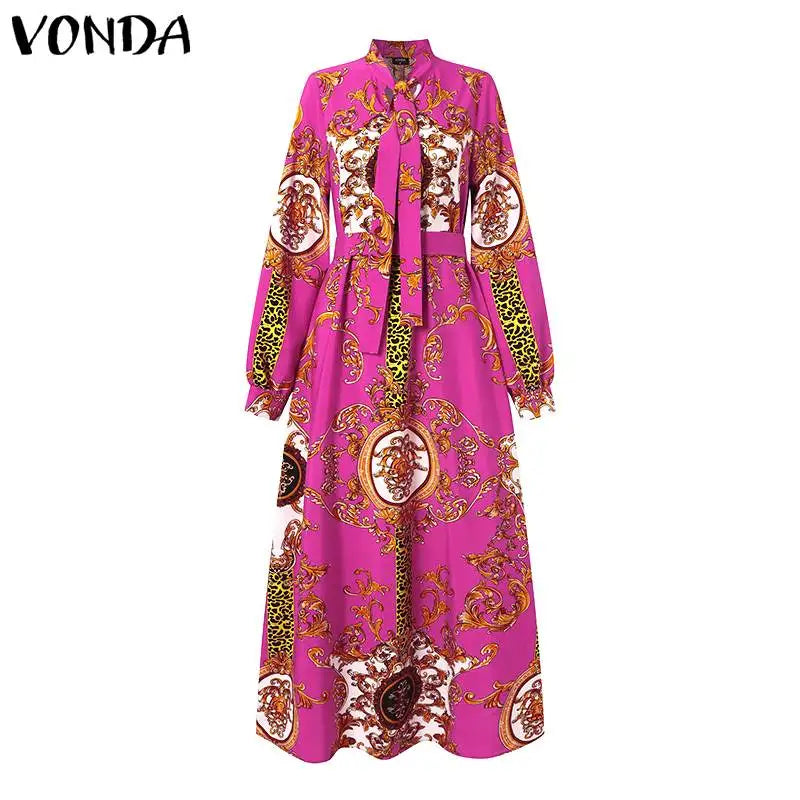 VONDA Maxi Dress 2024 Summer Women Bohemian Printed Party Sundress Long Sleeve Stand Collar Casual Robe Holiday Vestidos Belted - Seprincess