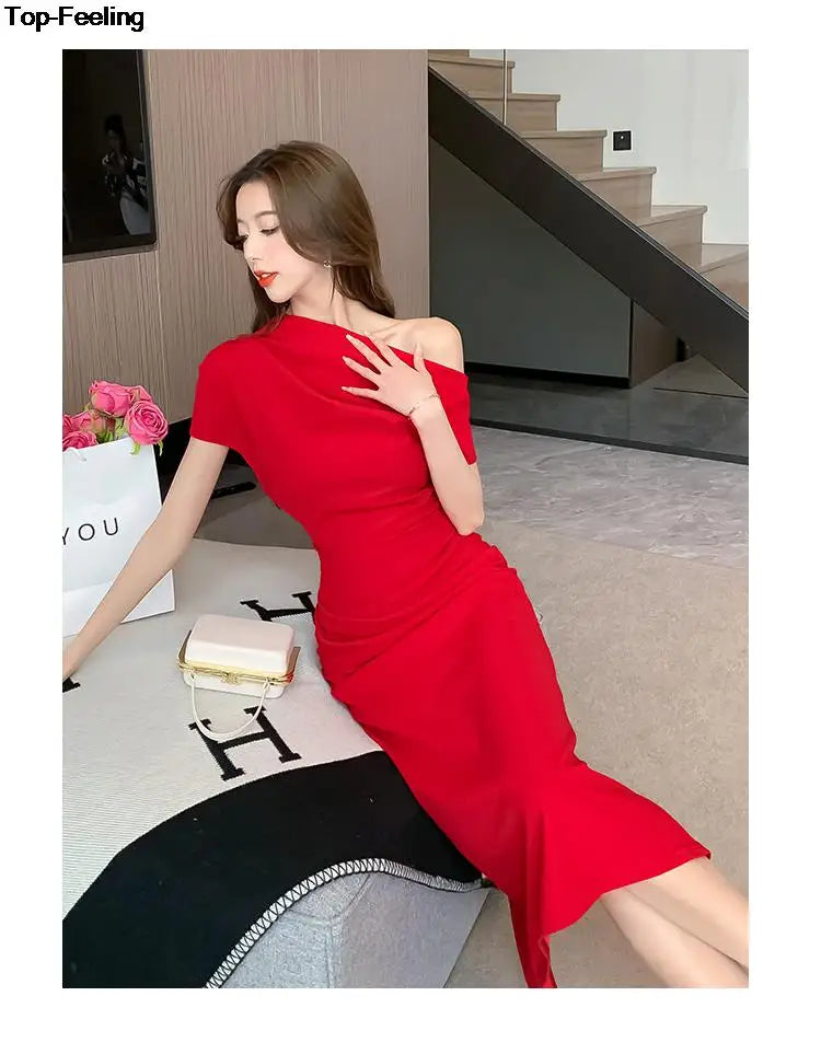 Elegant Off Shoulder Evening Party Dresses Women Summer Fashion Slim One Piece Solid Vestidos Korean Graduation Robe Clothing - Seprincess