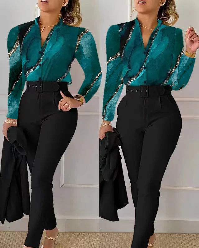 Elegant Women Printed Two Piece Suit Sets Spring Autumn V Neck Long Sleeve Shirt Top & Long Pants Set With Belt Workwear Outfits - Seprincess