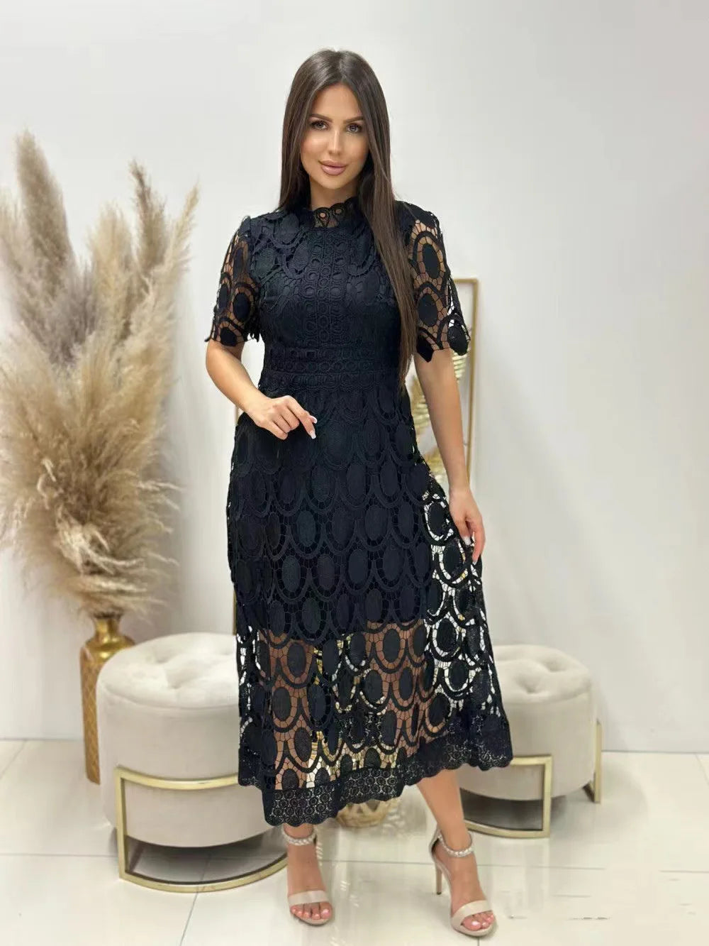 2024 Spring New Fashionable French Lace Stand Up Collar With Bubble Sleeves Waist Cinching Slimming Dress Elegant Long Dress - Seprincess