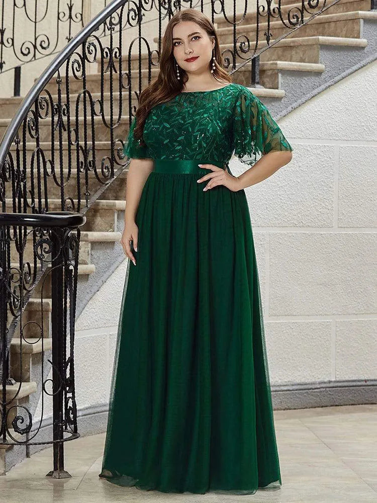 2023 NEW Plus Size Dress  Robe De Soiree Sparkle Evening Dresses Long A-Line O-Neck Short Sleeve LONG Formal Dresses