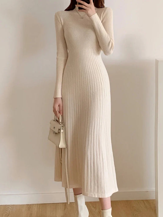 Autumn Winter 2024 Slim Long Sleeve Party Midi Dress for Women Knitted Half High Collar Elegant Knitted Sweater Dresses Ladies - Seprincess