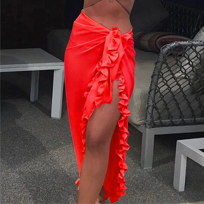 Women Chiffon See-Through Beach Bikini Cover Up Wrap Scarf Swimwear Pareo Sarong Dress Solid Ruffle Casual Beach Dress - Seprincess