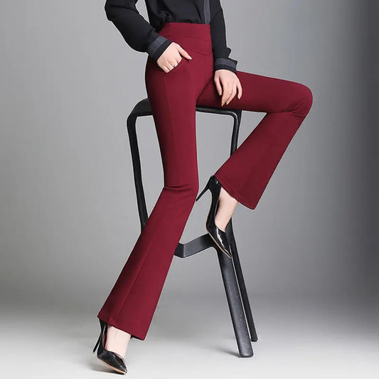 Leisure Comfortable Slim Flare Pants High Strecth Elastic Waist Pocket Decoration Ankle-length Pants Burgundy and Black Colour