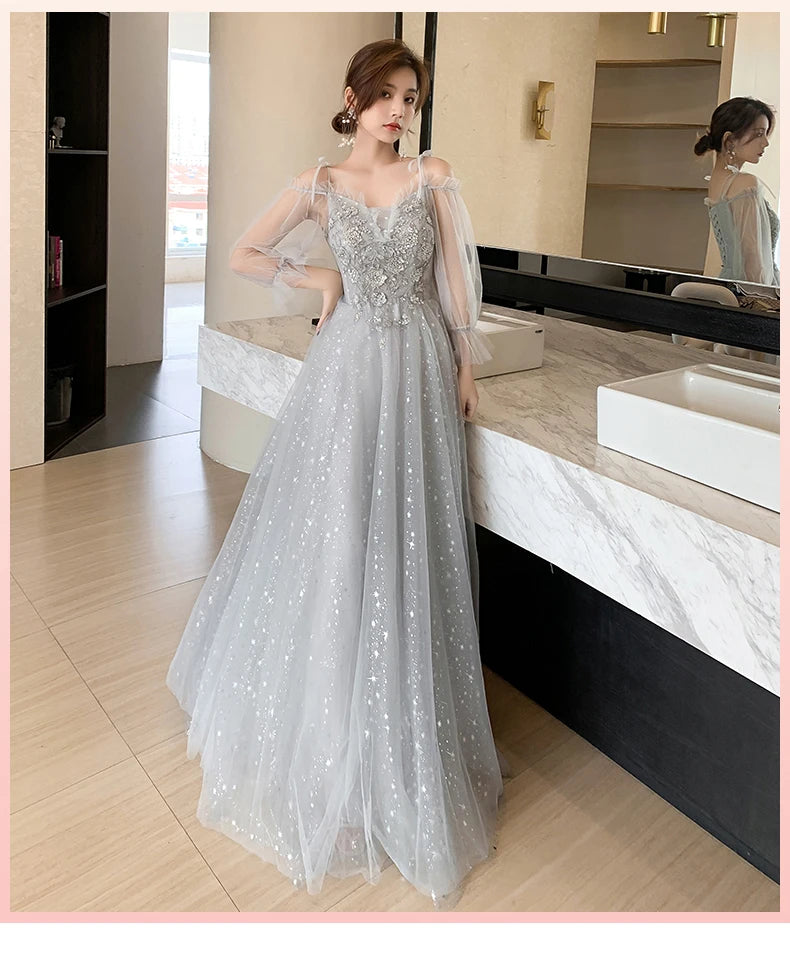 Bridesmaid Dress Temperament Lantern Sleeve Sequin Party Dress Fairy Stage Performance Dress Elegant Banquet Dress A-Long Dress - Seprincess