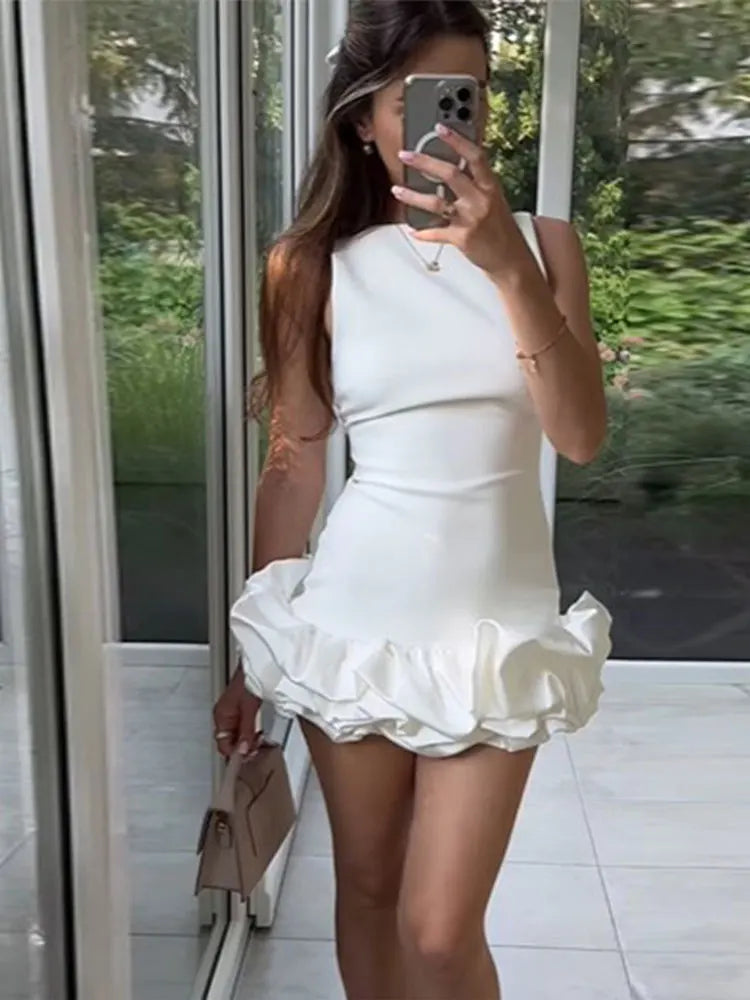 Sexy White Pleated Ruffles Mini Dresses Women Chic Round Neck Sleeveless Slim Fit Short Dress 2024 New Lady Club Party Vestidos - Seprincess